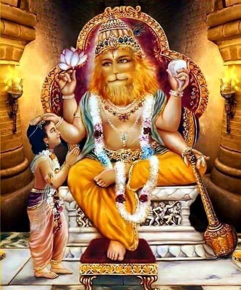 Narasimha Dwadasa Nama Stotram - TemplePurohit.com  Pradhamam thu Mahaa jwalo, dwitheeyam thu ugra kesari,
Thritheeyam Vajra damshtro, Chathurthothu Visaradha. 1  Firstly great flame, secondly the angry lion,
Thirdly one with diamond like teeth,
Fourthly the great expert.  Panchamam Narasimhascha, Sashta Kasyapa mardhana,
Sapthamo yathu hantha cha, ashtamo Deva vallabho. 2  Fifthly the Man-lion, Sixthly the killer of Kasyapa’s son,
Seventhly Killer of Asuras and eighthly the Lord of devas.  Nava Prahaladha Varadho, dasamo Anantha hasthaka,
Ekadaso Maha Rudro, Dwadaso Tharunasthadha. 3  Ninthly The one who blessed Prahlada, tenthly the one with endless hands,
Eleventh the great God who is angry and twelfth the one helps at right time.  Dwadasani namani Nrusimhasya Mahathmana,
Manthra raja ithi jnatham, Sarva papa vinasanam, 4  These twelve names of the great God Narasimha,
Is called the king of chants and destroys all sins.  Kshaya apasmara kushtadhi, thapa jwara nivaranam,
Raja dware, Maha Gore sangrame cha Jalandhare 5  Giri gahara aaranye Vyagra chora maya dish,
Ranecha marane chaiva samatham paramam Shubham. 6  This cures Tuberculosis, epilepsy, leprosy and Typhoid,
And is helpful in gate of the king, I horrible wars and inside water.  It helps in mountains and forests populate by tigers and robbers,
And in war and death it helps to get out safely and later attain salvation.  Satham aavarthayeth yasthu muchyathe Vyadhi bhandanath,
Aavarthayantha sahasram thu labhathe Vanchitham phalam. 7  Repeating hundred times would help you get out of diseases and imprisonment,
And repeating it one thousand times would help you get what you want.  ~ Translated by P. R. Ramachander