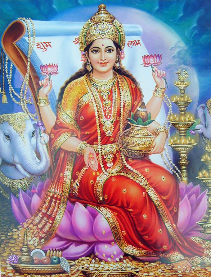 Dvatrinsha-Upachara Varalakshmi Puja.  However, since the given Puja Vidhi includes all sixteen steps to worship Varalakshmi. Puja which involves sixteen Puja steps is known as Shodashopachara Puja (षोडशोपचार पूजा) and Puja which involves thirty-two steps is known as Dvatrinshopachara Puja (द्वात्रिंशोपचार पूजा). Dvatrinshopachara Puja is also known as Battishopachar Puja.  Before beginning Varalakshmi Puja one should collect all the necessary items used during Puja. The collection of all items needed for Varalakshmi Puja is known as Varalakshmi Pujan Samagri.  1. Dhyana (ध्यान)
Puja should begin with the meditation of Shri Varalakshmi. Dhyana should be done in front of already installed Shri Varalakshmi statue in front of you. Following Mantra should be chanted while meditating on Shri Varalakshmi.  Kshirasagara Sambhutam Kshiravarnasamaprabham।
Kshiravarnasamam Vastram Dadhanam Harivallabham॥  2. Avahana (आवाहन)
After Dhyana of Shri Varalakshmi, one should chant following Mantra in front of the Murti, by showing Avahana Mudra (Avahana Mudra is formed by joining both palms and folding both thumbs inwards).  Brahmi Hamsasamarudha Dharinyakshakamandalu।
Vishnutejoadhika Devi Sa Mam Patu Varaprada॥  3. Asana (आसन)
After Shri Varalakshmi has been invoked, take five flowers in Anjali (by joining palm of both hands) and leave them in front of the Murti to offer seat to Shri Varalakshmi while chanting following Mantra.  Maheshwari Mahadevi Asanam Te Dadamyaham।
Mahaishvaryasamayuktam Brahmani Brahmanah Priye॥  4. Padya (पाद्य)
After offering Asana to Shri Varalakshmi offer Her water to wash the feet while chanting following Mantra.  Kumarashaktisampanne Kaumari Shikhivahane।
Padyam Dadamyaham Devi Varade Varalakshane॥  5. Arghya (अर्घ्य)
After Padya offering, offer water to Shri Varalakshmi for head Abhishekam while chanting following Mantra.  Tirthodakairmahaddivyaih Papasamharakarakaih।
Arghyam Grihana Bho Lakshmi Devanamupakarini॥  6. Achamana (आचमन)
After Arghya offering, offer water to Shri Varalakshmi for Achamana while chanting following Mantra.  Vaishnavi Vishnusamyukte Asankhyayudhadharini।
Achamyatam devapujye Varadeasuramardini॥  7. Panchamrita Snana (पञ्चामृत स्नान)
After Snanam, offer Panchamrita bath to Shri Varalakshmi while chanting following Mantra.  Padme Panchamritaih Shuddhaih Snapayishye Haripriye।
Verde Shakti-Sambhute Varadevi Varapriye॥  8. Snana (स्नान)
After Panchamrita Snana, offer water to Shri Varalakshmi for the bath while chanting following Mantra.  Gangajalam Samanitam Sugandhidravyasamyutam।
Snanartham Te Maya Dattam Grihana Parameshvari॥  9. Vastra (वस्त्र)
Now offer Moli (मोली) as new clothes to Shri Varalakshmi while chanting following Mantra.  Rajatadrisamam Divyam Kshirasagarasannibham।
Chandraprabhasamam Devi Vastram Te Pradadamyaham॥  10. Kanthasutra (कण्ठसूत्र)
After Vastra offering, offer neclace to Shri Varalakshmi while chanting following Mantra.  Mangalyamanisamyuktam Muktaphalasamanvitam।
Dattam Managalasutram Te Grihana Suravallabhe॥  11. Abharana (आभरण)
Now Offer jewellery (Abhushana) to Shri Varalakshmi while chanting following Mantra.  Suvarnabhushitam Divyam Nanaratnasushobhitam।
Trailokyabhushite Devi Grihanabharanam Shubham॥  12. Gandha Samarpan (गन्ध समर्पण)
Offer Chandana to Shri Varalakshmi while chanting following Mantra.  Raktagandham Sugandhadhyamashtagandhasamanvitam।
Dasyami Devi Varade Lakshmirdevi Prasida Me॥  13. Saubhagya Dravya (सौभाग्य द्रव्य)
Now offer Haldi, Kumkum, Sindoor, Kajal as Saubhagya Dravya to Shri Varalakshmi while chanting following Mantra.  Haridram Kumkumam Chaiva Sindooram Kajjalanvitam।
Saubhagyadravyasamyuktam Grihana Parameshvari॥  14. Pushpa Samarpan (पुष्प समर्पण)
Offer flowers to Shri Varalakshmi while chanting following Mantra.  Nanavidhani Pushpani Nana Varnayutani Cha।
Pushpani Te Prayachchami Bhaktya Devi Varaprade॥  15. Anga-Pujan (अङ्ग-पूजन)
Now worship those Gods who are body parts of Shri Varalakshmi itself. For that take Gandha, Akshata and Pushpa in left hand and leave them near to Shri Varalakshmi Murti with right hand while chanting following Mantra(s).  Om Varalakshmyai Namah Padau Pujayami।
Om Kamalavasinyai Namah Gulphau Pujayami।
Om Padmalayayai Namah Janghe Pujayami।
Om Shriyai Namah Januni Pujayami।
Om Indirayai Namah Uru Pujayami।
Om Haripriyai Namah Nabhim Pujayami।
Om Lokadhatryai Namah Stanau Pujayami।
Om Vidhatryai Namah Kantham Pujayami।
Om Dhatryai Namah Nasam Pujayami।
Om Saraswatyai Namah Mukham Pujayami।
Om Padmanidhaye Namah Netre Pujayami।
Om Mangalyayai Namah Karnau Pujayami।
Om Kshirasagarajayai Namah Lalatam Pujayami।
Om Shrimahalakshmyai Namah Shirah Pujayami।
Om Shrimahakalyai Namah Sarvangam Pujayami।  16. Dhoop (धूप)
Now offer Dhoop to Shri Varalakshmi while chanting following Mantra.  Dhupam Dasyami Te Devi Goghritena Samanvitam।
Pratigrihn Mahadevi Bhaktanam Varadapriye॥  17. Deep (दीप)
Now offer to Shri Varalakshmi while chanting following Mantra.  Sajyam Cha Varti Samyuktam Vahnina Yojitam Maya।
Deepam Grihana Deveshi Trailokyatimirapham॥  18. Naivedya (नैवेद्य)
Now offer Naivedya to Shri Varalakshmi while chanting following Mantra.  Naivedyam Paramam Divyam Drishtipritikaram Shubham।
Bhakshyabhojyadisamyuktam Parmannadisamyutam॥  19. Tambula (ताम्बूल)
Now offer Tambula (Paan with betel nuts) to Shri Varalakshmi while chanting following Mantra.  Nagavallidalairyuktam Churnakramukasamyutam।
Varalakshmirgrihana Tvam Tambulam Pratigrihyatam॥  20. Dakshina (दक्षिणा)
Now offer Dakshina (gift) to Shri Varalakshmi while chanting following Mantra.  Suvarnam Sarvadhatunam Shreshtham Devi Cha Tatsada।
Bhaktya Dadami Varade Svarnavrishtim Cha Dehi Me॥  21. Nirajana (नीराजन)
Now offer Nirajana (Aarti) to Shri Varalakshmi while chanting following Mantra.  Nirajanam Sumangalyam Karpurena Samanvitam।
Chandrarkavahnisadrisham Grihna Devi Namoastu Te॥  22. Dorakagrahana (दोरकग्रहण)
Now devotee should accept the Dorak (the sacred thread) while chanting following Mantra.  Sarvamangalamangalye Sarvapapapranashini।
Dorakam Pratigrihnami Suprita Harivallabhe॥  23. Dorakabandhana (दोरकबन्धन)
After Dorakagrahana, devotee should tie the Dorak (the sacred thread) on the hand while chanting following Mantra.  Karishyami Vratam Devi Tvadbhaktastvatparayanah।
Shriyan Dehi Yasho Dehi Saubhagyam Dehi Me Shubhe॥  24. Punararghya (पुनरर्घ्य)
After Dorakabandhana, now again offer water to Shri Varalakshmi for head Abhishekam while chanting following Mantra.  Kshirarnavasute Lakshmishchandrasya Cha Sahodari।
Grihanarghyam Mahalakshmirdevi Tubhyam Namoastu Te॥  25. Bilvapatra (बिल्वपत्र)
Offer Bilvapatra to Shri Varalakshmi while chanting following Mantra.  Shrivrikshasya Dalam Devi Mahadevapriyam Sada।
Bilvapatram Prayachchami Pavitram Te Sunirmalam॥  26. Pradakshina (प्रदक्षिणा)
Now offer symbolic Pradakshina (circumambulate from left to right of Shri Varalakshmi) with flowers while chanting following Mantra.  Iha Janmani Yatpapam Mam Janmantareshu Cha।
Nivaraya Mahadevi Lakshmirnarayanapriye॥  27. Namaskara (नमस्कार)
Now pay homage to Shri Varalakshmi while chanting following Mantra.  Kamodari Namasteastu Namastrailokyanayike।
Harikante Namasteastu Trahi Mam Duhkhasagarat॥  28. Vrata Samarpan (व्रतसमर्पण)
Now offer Vrata Samarpan to Shri Varalakshmi while chanting following Mantra.  Kshirarnavasamudbhute Kamale Kamalalaye।
Prayachcha Sarvakamanshcha Vishnu Vakshahsthalalaye॥  29. Kshamapana (क्षमापन)
Now seek pardon from Shri Varalakshmi for any known-unknown mistakes done during Puja while chanting following Mantra.  Chatram Chamaramandolam Dattva Vyajanadarpane।
Gitavaditranrityaishcha Rajasammananaistatha।
Kshamapaye Supacharaih Samabhyarchya Maheshwari॥  30. Prarthana (प्रार्थना)
Now pray to Shri Varalakshmi while chanting following Mantra.  Varalakshmirmahadevi Sarvakama-Pradayini।
Yanmaya Cha Kritam Devi Paripurnam Kurushva Tat।  31. Vayanamantra (वायनमन्त्र)
Now offer sweets to Shri Varalakshmi while chanting following Mantra.  Ekavimshatipakvannasharkaraghritasamyutam।
Vayanam Te Prayachchami Indira Priyatamiti॥
Indira Pratigrihnati Indira Vai Dadati Cha।
Indira Tarakobhabhyamindirayai Namonamah॥  32. Puja Samarpan (पूजा समर्पण)
Now conclude the Shri Varalakshmi Puja while chanting following Mantra.  Pancha Vayanakanevam Dadyaddakshinaya Yutan॥
Vipraya Chatha Yataye Devyai Tu Brahmacharine॥
Suvasinyai Tatastvekam Dapayechcha Yathavidhi॥